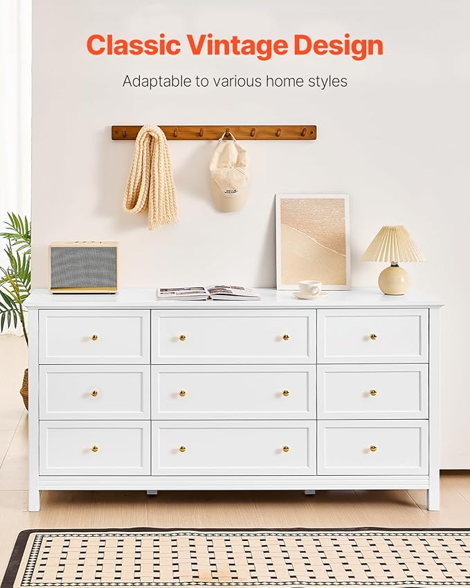VEVOR 9 Drawer Dresser, Wooden Chest of Drawers with Sliding and Anti-tip Device, Retro Minimalist Dresser Chest, Closet Storage TV Stand Organizer for Living Room, Hallway, Bedroom, Entryway, White