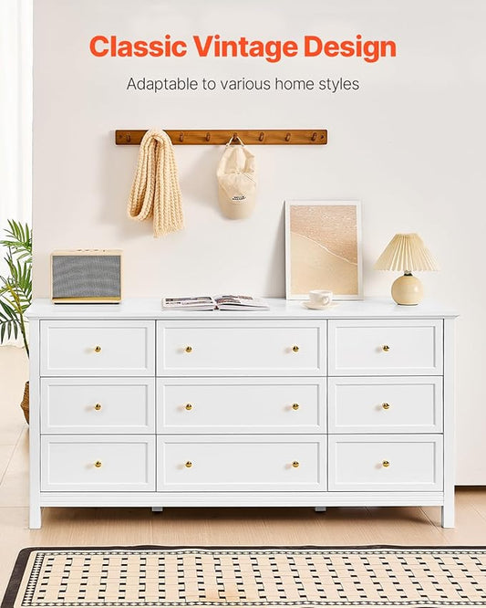 VEVOR 9 Drawer Dresser, Wooden Chest of Drawers with Sliding and Anti-tip Device, Retro Minimalist Dresser Chest, Closet Storage TV Stand Organizer for Living Room, Hallway, Bedroom, Entryway, White