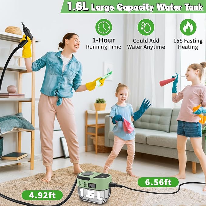 Handheld Steam Cleaner for Home, 2500W High Temperature Pressurized Machine, 1.6L Water Tank, Handle-controlled Steam Output, Portable Cleaning Steamer for Car, Bed Bugs, Furniture (Green, 16 PCS)