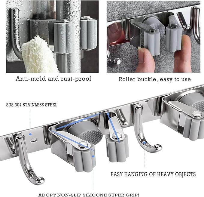 Mop and Broom Holder, 3 Positions 4 Hooks Heavy Duty Hanger Wall Mounted Stainless Steel Organizer for Holders, Home Laundry Bathroom, Garage Storage System Utility Tools Rack Storage, Grey