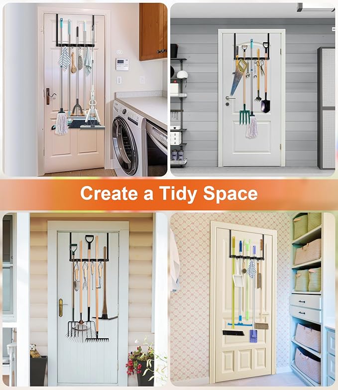 Broom Holder Over The Door Drilling Free Mop and Broom Holder with 4 Over Door Hook, Metal Mop and Broom Storage Wall Mount Broom Storage Tool Organizer for Laundry Room Garage Kitchen Bathroom