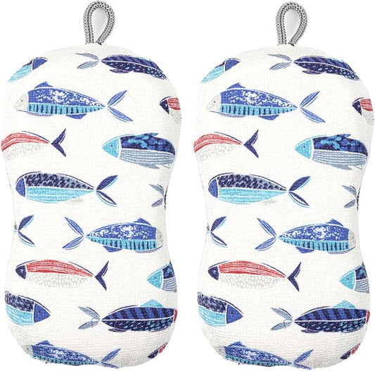 MÜkitchen Premium Microfiber Sponge Set for Dishes and Cleaning, 2 Pack, Printed (Fish)