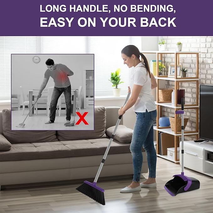 Large Broom and Dustpan Set, Purple Broom with Dustpan Combo Set, 55" Long Handle Broom, Self Cleaning Dustpan, Ideal for Home and Dog Cat Pets