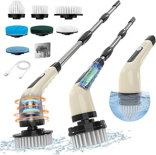 Electric Spin Scrubber, Cordless Cleaning Brush, Shower Scrubber with 7 Replaceable Brush, 2 Speeds and Adjustable Extension Handle for Bathroom Shower Bathtub Glass Car(Beige)