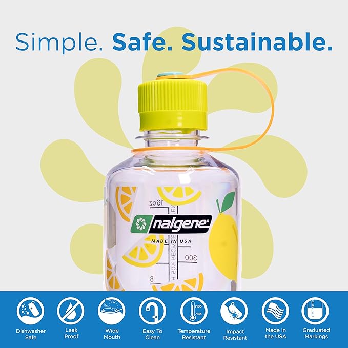 Nalgene Sustain Tritan BPA-Free Water Bottle Made with Material Derived from 50% Plastic Waste (Using ISCC Certified Mass Balance), 16 OZ, Narrow Mouth, Lemon