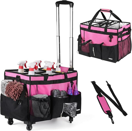 Extra-Large Rolling Cleaning Caddy with Wheels,Cleaning Caddy Bag with Detachable Trolley,Water Resistant Lining Cleaning Supply Organizer with Handle for Cleaners,Housekeepers