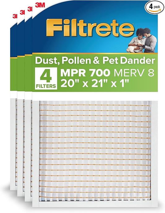 Filtrete 20x21x1 AC Furnace Air Filter, MPR 700, MERV 8, Tough on Pollen, Easy on Airflow, 3-Month Pleated 1-Inch Electrostatic Air Cleaning Filter, 4-Pack (Actual Size 19.69 x 20.69 x 0.81 in)