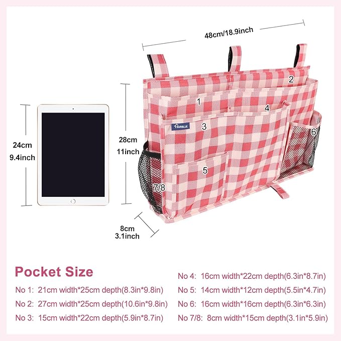 Surblue Bedside Caddy Hanging Bed Organizer Storage Bag Pocket for Bunk and Hospital Beds, College Dorm Rooms Baby Bed Rails, Camp 8 Pockets, (Large, Red Plaid)