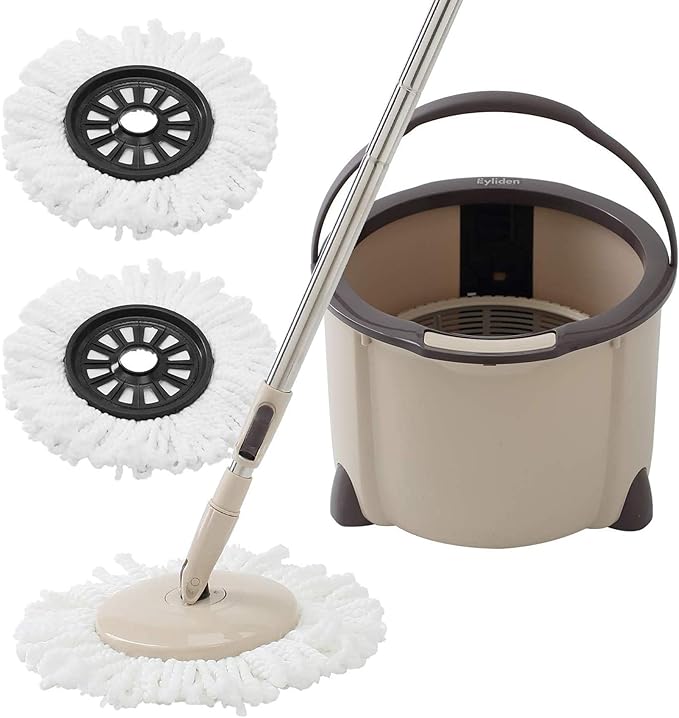 Eyliden 360° Spin Mop Bucket System - Rapid Dry, 2 Microfiber Pads, Adjustable Handle - Mop and Bucket for Home & Commercial Floors, Brown