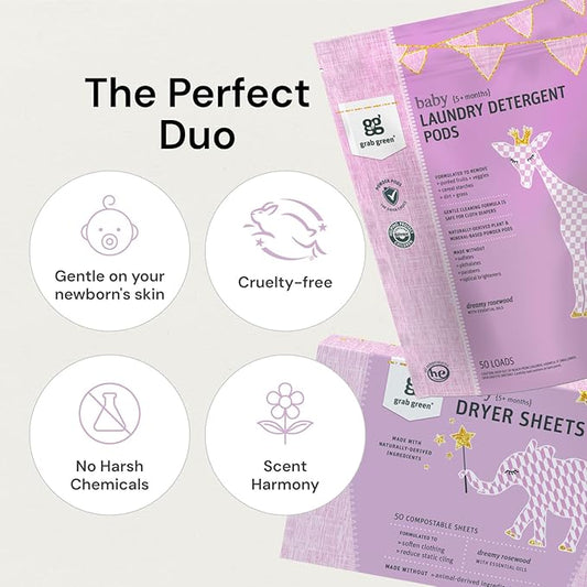 Grab Green Baby Laundry Detergent Pods and Dryer Sheets Bundle, 50 Count Pods and 80 Dryer Sheets, Dreamy Rosewood Scent, Plant and Mineral Based Laundry Care Set