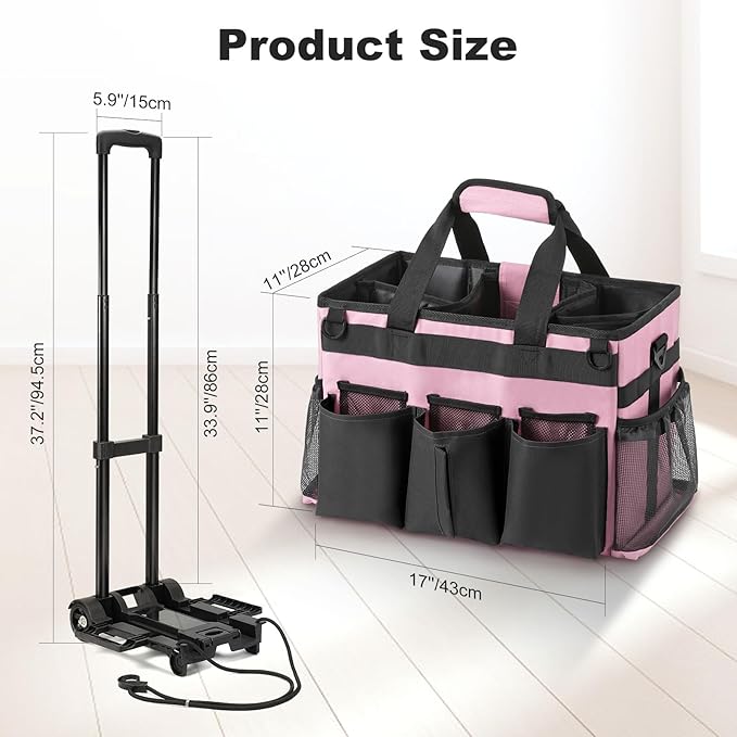 Housolution Rolling Cleaning Caddy Bag with Detachable Trolley, Professional Portable Large Cleaning Bag with Wheels, Home Organiser Wearable Cleaning Supply Bag on Wheels for Housekeepers, Pink