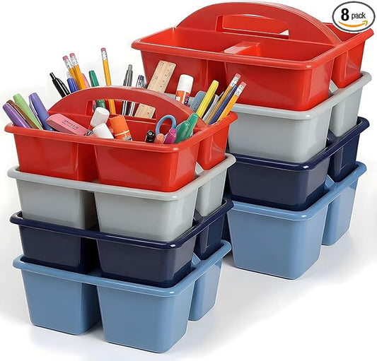 Kathfly 8 Pack Caddy Organizer with Handle, Stackable Organization Storage, Small Plastic Basket Classroom Caddy for Table Desk Office Pencil Kids Room Craft Art Teacher School Supplies (Blue Red)