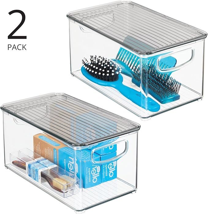 mDesign Deep Plastic Bathroom Storage Bin Box, Lid/Built-in Handles, Organization for Makeup, Hair Styling Tools, Toiletry Accessories in Cabinet, Shelves, Ligne Collection, 2 Pack, Clear/Smoke Gray
