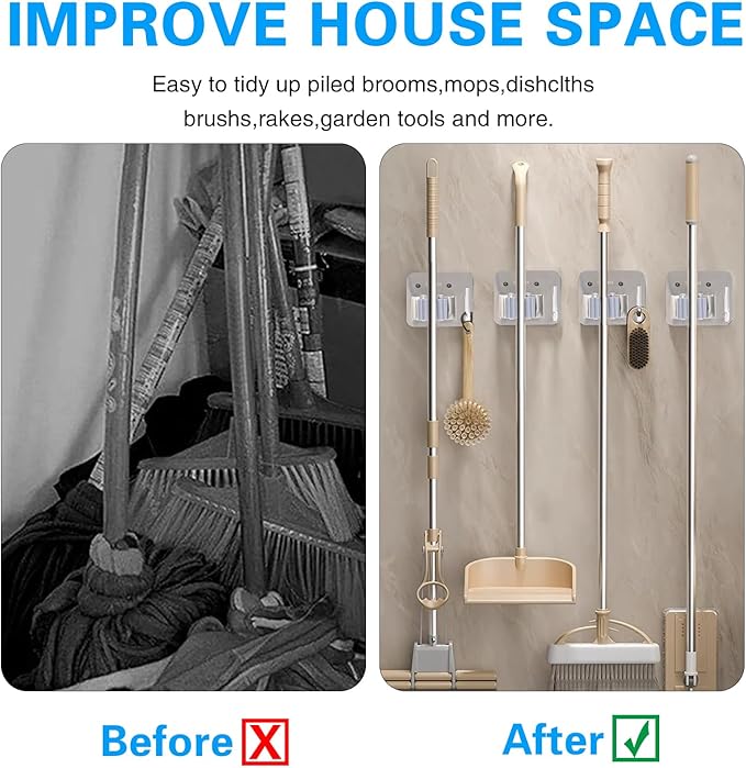 5 Pack Mop Broom Holder Wall Mount Screw Drilling, Stainless Steel Heavy Duty Organizer Hanger Tool Rack for Bathroom Kitchen Garage Laundry Office, Silver