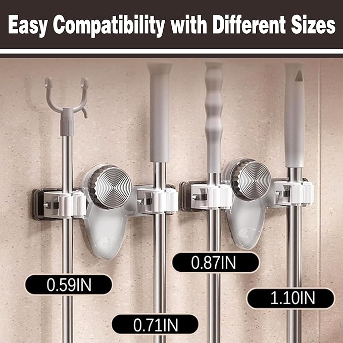 6 Pack Broom Holder Wall Mount Mop Hanger, No Drill Suction Cup Mop Broom Organizer with Hooks, Space Saving Rack Removable Mop Clip for Kitchen, Garage, Bathroom, Laundry Room