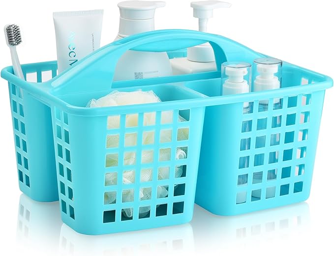 ALINK Plastic Shower Caddy Basket with Compartments, Portable Divided Cleaning Supply Storage Organizer with Handle for College Dorm Bathroom -Blue