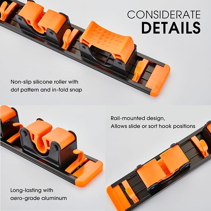 Unjumbly Broom Holder Wall Mount, Drilling Free Mop and Broom Holder with 2 Over Door Hooks, Tool Organizer for Laundry Room, Garage, Kitchen, Closet, Bathroom, Pantry - Orange