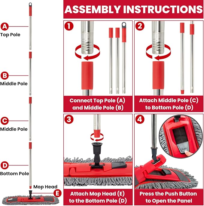 Dust Mop for Floor Cleaning with 4-in-1 Washable Pad System, Wet & Dry Multi-Purpose Mop with Built-In Scraper and Extra-Long 62'' Stainless Steel Handle for Hardwood,Vinyl,Laminate,Tile,Marble Floors