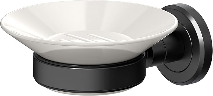 Gatco 1940MX Latitude II, Soap Dish Holder, Matte Black and White Combo | Wall Mounted Porcelain Soap Dish with Holder in Matte Black| 2.10" H x 4.31" W x 5.25" D