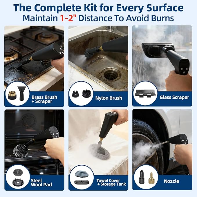 Steam Cleaner, Portable Steamer for Cleaning with 15pcs Accessories, 6-Level Adjustable Handle,15s Heat-Up, 1500W Pressurized Handheld Steam Cleaner for Home,Kitchen, Bathroom, Car,Tile,Grout