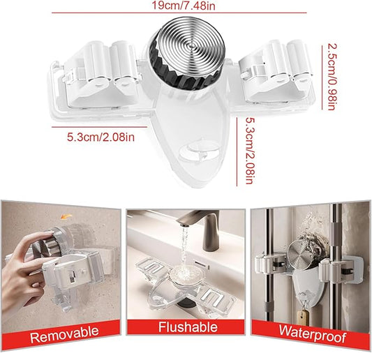 4 Pack Broom Holder Mop Hanger Wall Mount, No Drill Suction Cup Mop and Broom Organizer with Hooks, Space Saving Adjustable Rack Removable Mop Clip for Bathroom, Kitchen, Garage, Laundry Room