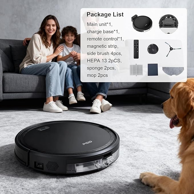 FGID Robot Vacuum and Mop Combo, 2 in 1 Mopping Robotic Vacuum Cleaner w Schedule,Robot Vacuum Self Emptying App/Remote,5000Pa Strong Suction, Slim, Ideal for Hard Floor, Pet Hair, Low-Pile Carpet
