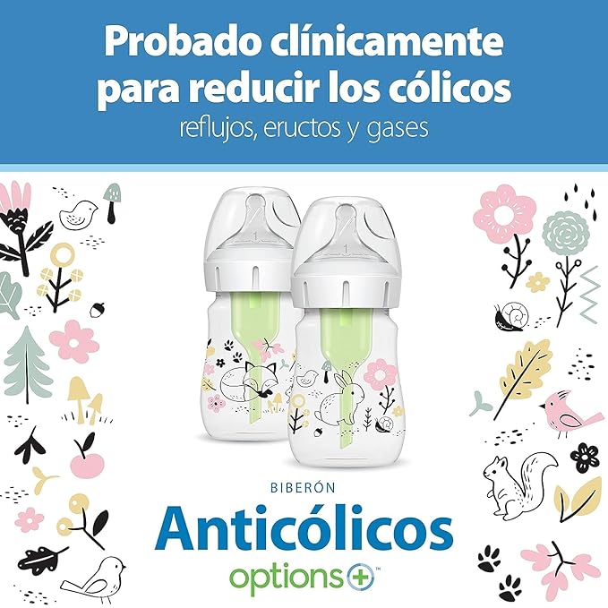 Dr. Brown's Anti-Colic Options+ Wide-Neck Baby Bottle Designer Edition Bottles, Woodland Decos, 5 oz/150 mL, Level 1 Nipple, 0m+, 2-Pack