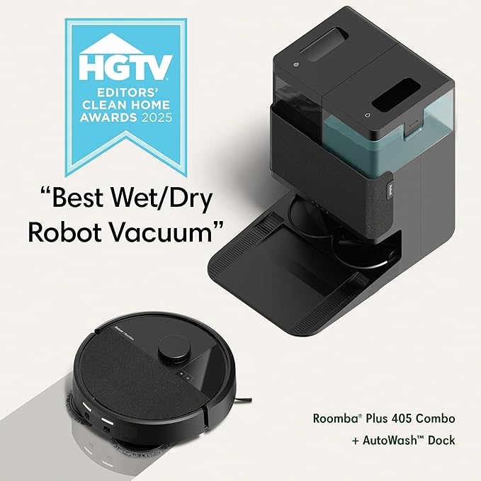 iRobot Roomba Plus 405 (G181) 2in1 Vacuum & Mop Robot with AutoWash Dock - Dual Spinning Mop Pads, Smart & Fast Mapping, Ideal for Pet Hair, Self-empties 75 days, Intense Suction, Pad Washing & Drying