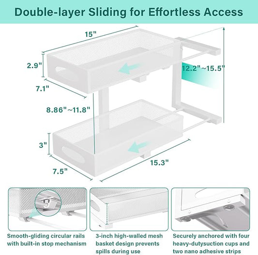 Under Sink Organizer, 1 Pack 2 Tier Metal Slide Out Pull Out Cabinet Organizer Shelf, Height Adjustable Organization and Storage Series, Bathroom/Desktop/Cabinet/Kitchen organization, White
