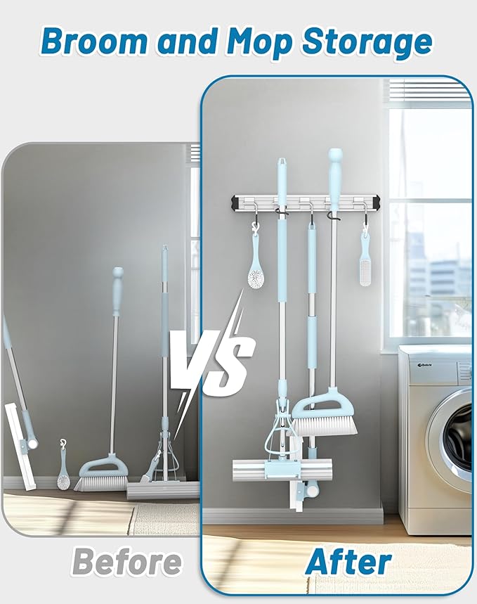 Mop and Broom Holder Wall Mount Garden Tool Rack Organizer, Modern Style,Movable Aluminum Alloy Wall Mounted Hook 1 Pack,Storage Gift for Bathroom,Closet,Laundry Room,Garage,Tool Room(Black)