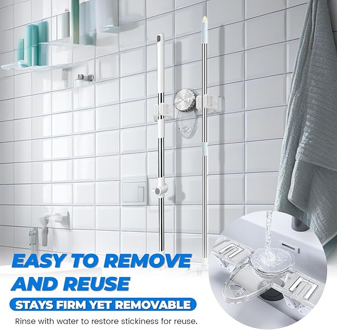 2 Pack Broom Holder Mop Hanger - Strong Suction Cup - No Drill Removable Broom Organizer Rack Wall Mount with Hooks for Bathroom Kitchen Garage, Clear