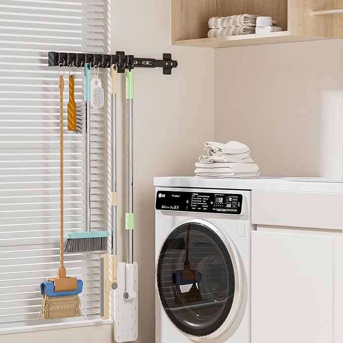 Pull Out Broom Holder With 9 Adjustable Sliding Hook, Multifunctional Slide Broom And Mop Storage/Organizer Garage Organization Hooks, for Closet Laundry - 16.14inch/41cm