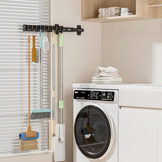 Pull Out Broom Holder With 9 Adjustable Sliding Hook, Multifunctional Slide Broom And Mop Storage/Organizer Garage Organization Hooks, for Closet Laundry - 16.14inch/41cm