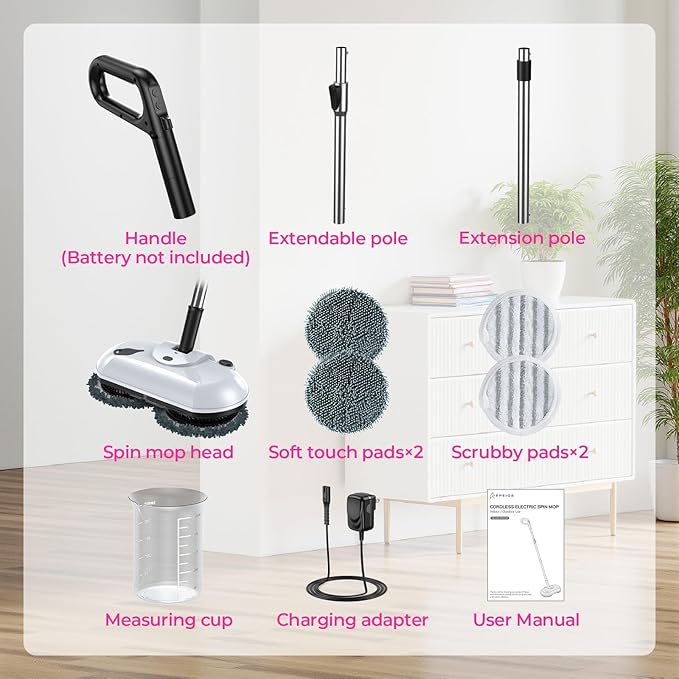 ScrubWiz Cordless Electric Spin Mop with Water Sprayer, Self-Propelled Floor Cleaner for Hardwood & Tile, Quiet Cleaning, Adjustable Handle, 2500mAh Long-Lasting Battery, 300ml Tank, Snow White