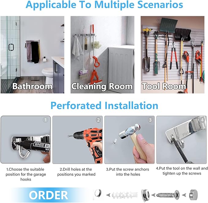 Piyl Broom Mop Holder Wall Mount Broom Hanger Wall Mounted Metal Organization Garage Storage Garden Kitchen Tool Organizer With 4 Racks and 5 Hooks (Silver, 1 Pack 4R5H)