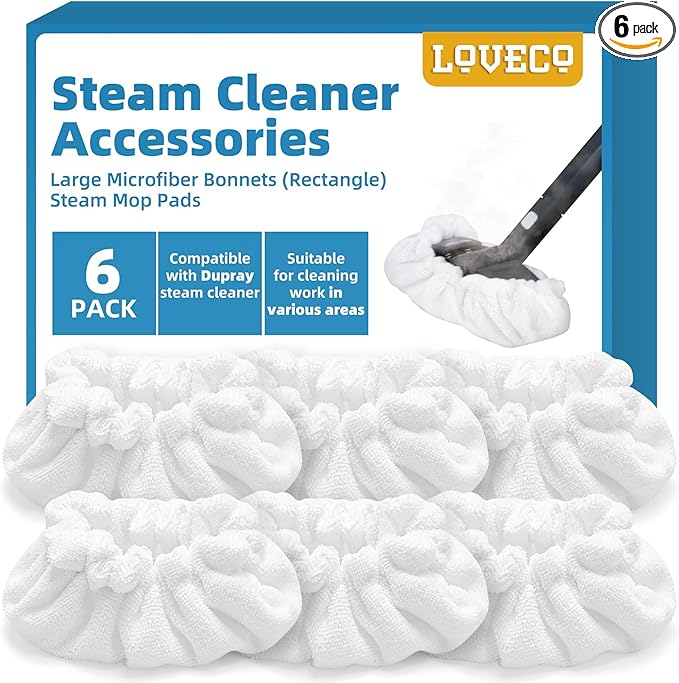 LOVECO 6 Pack Large Bonnets (Rectangle) Steam Mop Pads Compatible with Dupray Steam Cleaner & awasky Steam Cleaner, etc, Reusable Washable Steam Cleaner Accessories for Multi-Surface