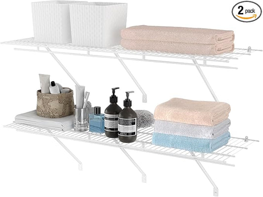 HAUSHOF Closet Shelves 4ft x 16in Wall Mounted 2-Pack, White Metal Wire Shelving for Laundry Room, Closet, Basement Organization and Storage