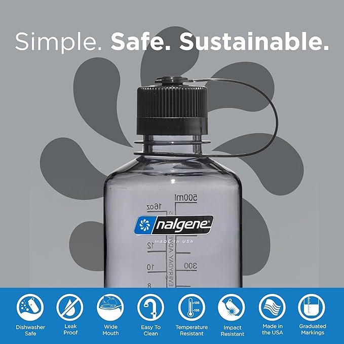 Nalgene Sustain Tritan BPA-Free Water Bottle Made with Material Derived from 50% Plastic Waste (using ISCC certified mass balance), 16 OZ, Narrow Mouth, Gray