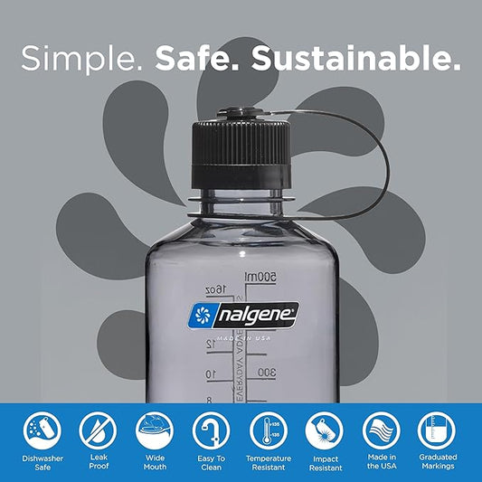 Nalgene Sustain Tritan BPA-Free Water Bottle Made with Material Derived from 50% Plastic Waste (using ISCC certified mass balance), 16 OZ, Narrow Mouth, Gray