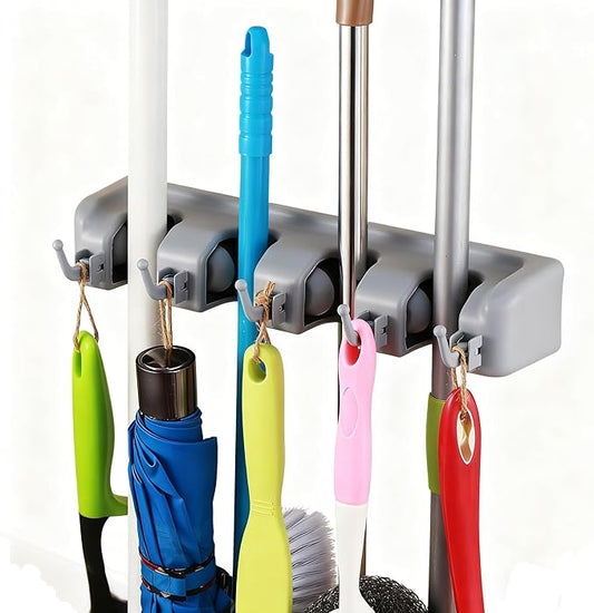 TOGU 2 Pack Mop and Broom Holder Wall Mounted 4 Position Storage Rack with 5 Retractable Hooks Holds up to 9 Tools Utility Weatherproof Holder for Garage Storage Systems Broom Organizer,Gray