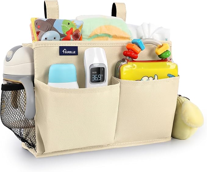 Surblue Bedside Caddy Hanging Organizer Storage Bag Pocket for Bunk, Hospital, College Dorm Rooms, Baby Bed Rails, Camp - 8 Pockets, Large, Beige