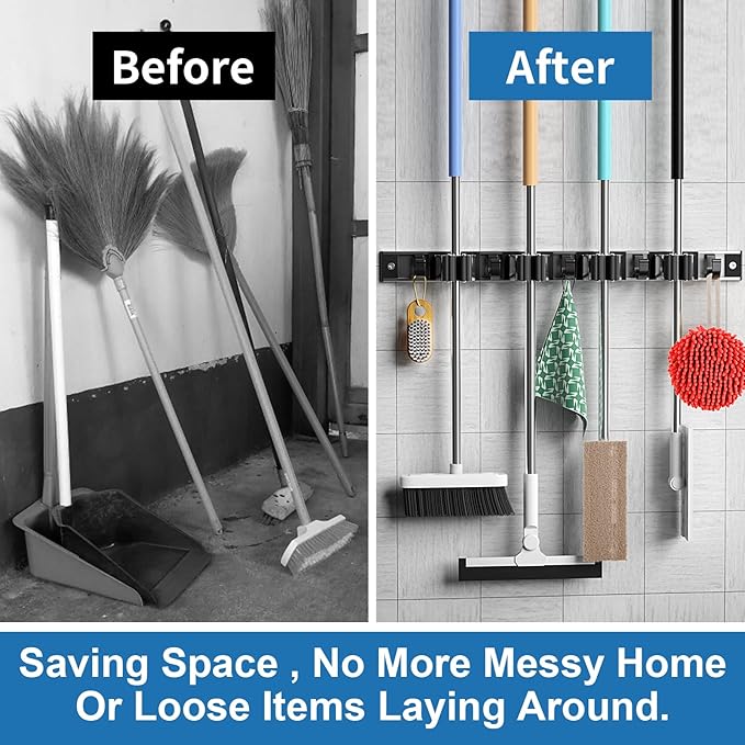 Piyl Mop and Broom Holder Wall Mount Metal Heavy Duty Utility Hooks Broom Organizer Garage Storage Systems Tool Racks for Home Laundry Garden Kitchen Organization (Black, 1 Pack 4R5H)