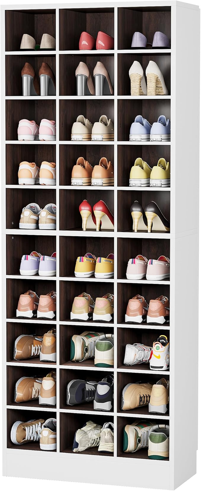 Tribesigns 10-Tier Shoe Storage Cabinet, White and Brown Wooden Shoe Rack with 30 Cubbies, Freestanding Tall Entryway Shoe Organizer for Closet, Entryway, Living Room