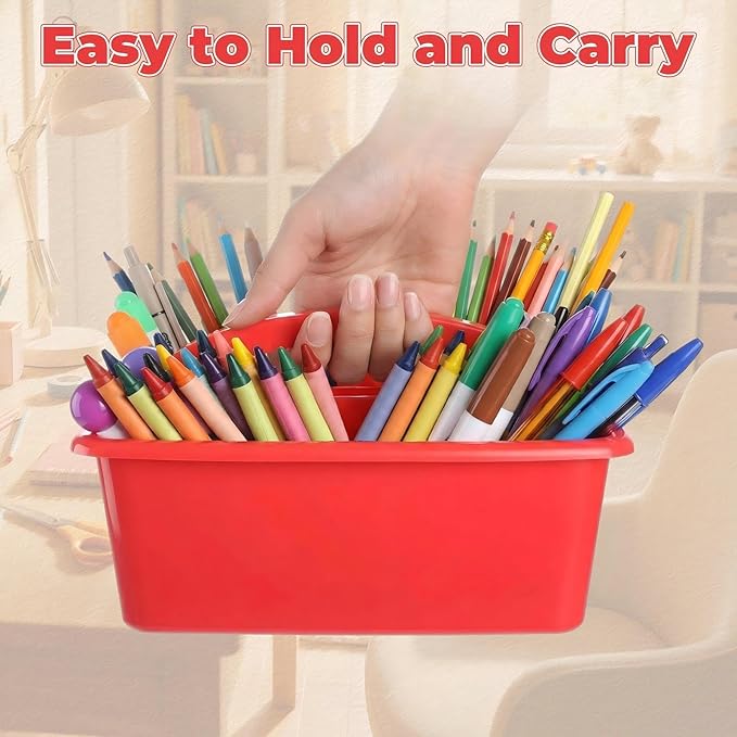 Kathfly 4 Pack Caddy Organizer with Handle, Stackable Organization Storage, Small Plastic Basket Classroom Caddy for Table Desk Office Pencil Kids Room Craft Art Teacher School Supplies (Blue Red)