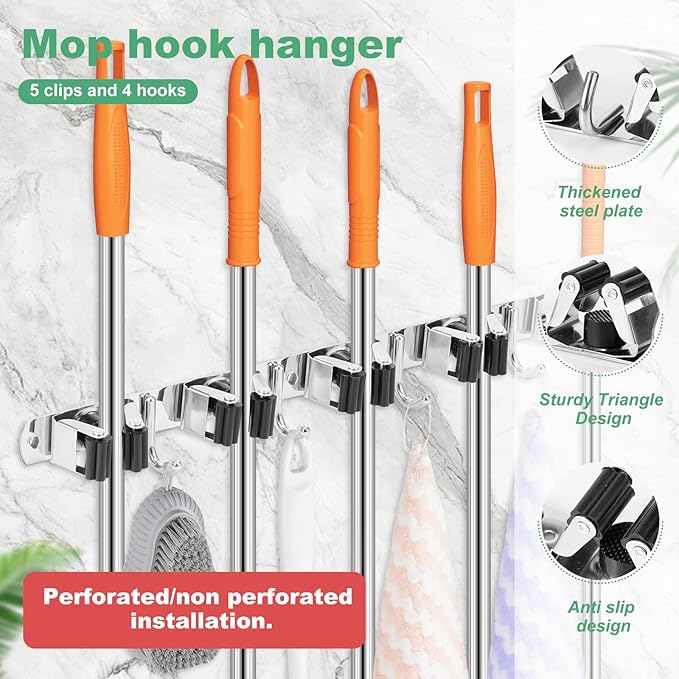 5 Pack Broom Holder Wall Mount 5 Racks 4 Hooks Stainless Steel Broom Mop Holder Anti Slip Storage Rack Strong Load Bearing Waterproof Broom and Mop Organizer Wall Hanging for Bathroom Kitchen Garage