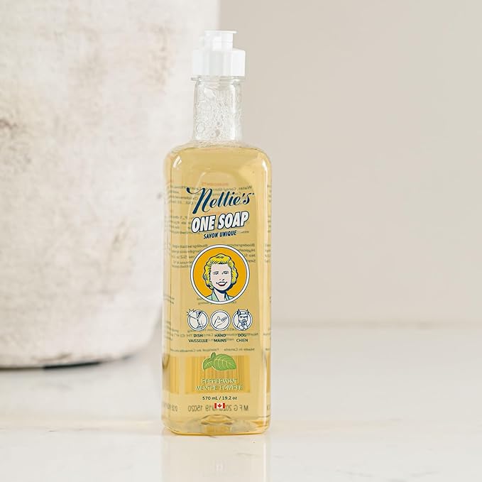 Nellie's One Soap - Peppermint Scented - Gentle Multi-Purpose Cleaner for Dishes, Surfaces, and Hands - Hypoallergenic, Plant-Based, Chemical-Free, and Soft on Skin - 19.2 oz - (Made in Canada)