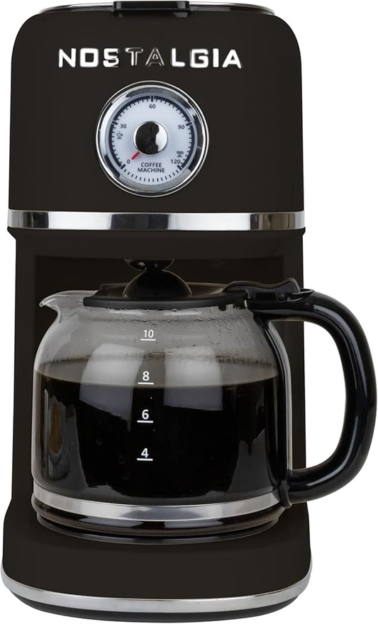 Nostalgia Classic Retro 10 Cup Coffee Maker - One-Touch Drip Brew, Reusable Filter - Anti-Drip, Auto Shutoff, & Time Display - Dishwasher Safe 50 oz Carafe - Black