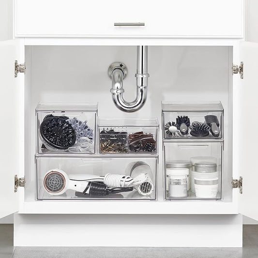 mDesign Plastic Stackable Bathroom Storage with Pull Out Bin Organizer Drawer for Cabinet, Vanity, Shelf, Cupboard, Cabinet, or Closet Organization - Lumiere Collection - 8 Pack - Clear