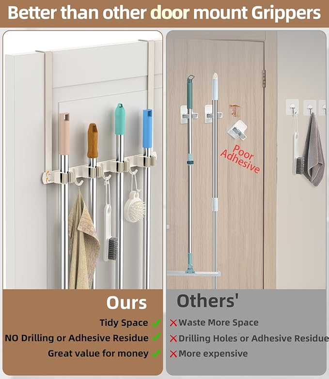 Broom Holder Over The Door - 304 Stainless Steel Mop and Broom Holder Wall Mounted or Hanging Over The Door with Hooks - Broom Hanger, Broom Storage Tool Organizer for Closet Laundry - light beige