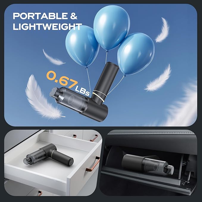 Handheld Vacuum Cordless Rechargeable, Car Vacuum Portable Cordless with Strong Suction15Kpa, Hand Vacuum Ultra-Quiet (75dB), 21min Runtime, Lightweight (1.25 lbs) for Car, Pet Hair, Home